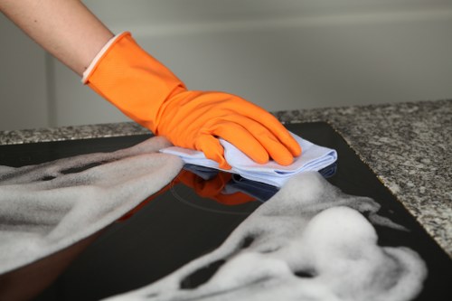 Professional cleaner maintaining reception and shared office surfaces in Pimlico