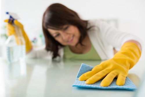 Staff member using PPE during carpet cleaning in Pimlico